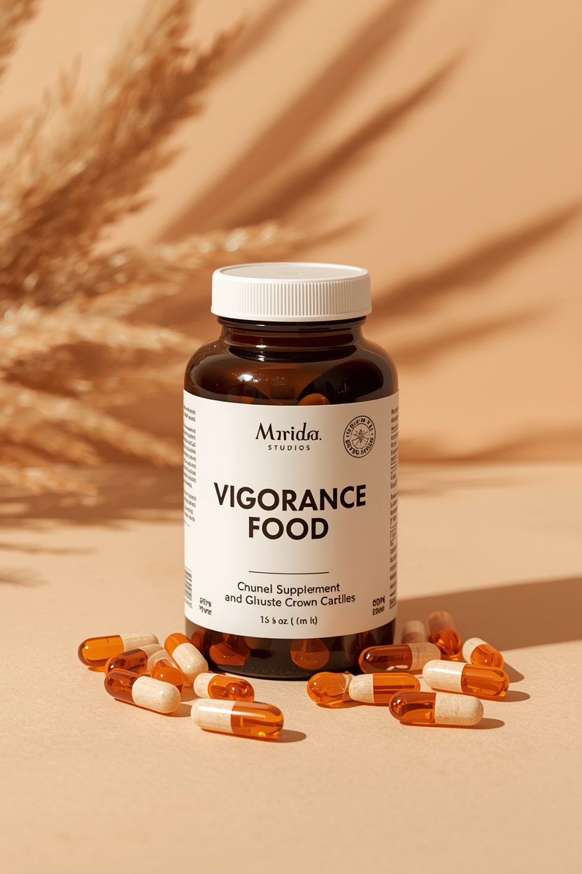 Vigorance food supplement bottle on a neutral studio background